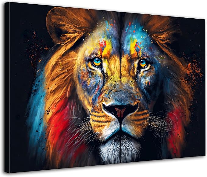 Framed Colorful Lion Wall Art Wildlife Animals Pictures Living Room Wall Decor by Unknown