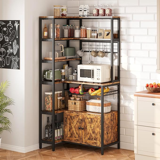 IRONCK Corner Bakers Rack with Power Outlet, Coffee Bar 6 Tier with Storage by IRONCK