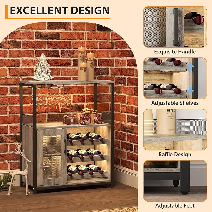 3-Tier Wine Bar Cabinet with LED Lights & Wine Rack, Wine Cabinet with Storage - Image 3