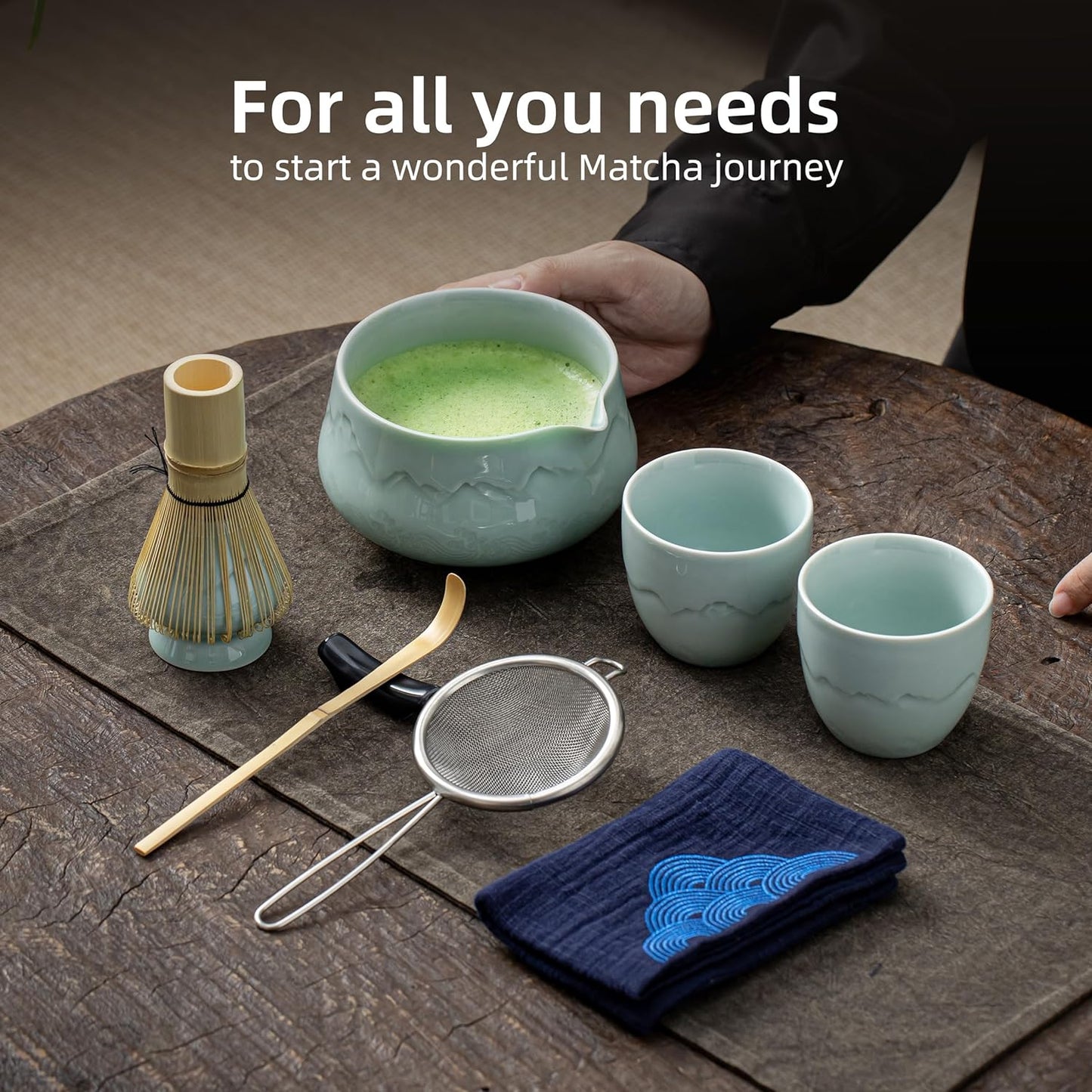 TEANAGOO Matcha Whisk Set 7pcs+2Cups(7.2oz),Ceramic Matcha Set,Matcha Kit for Ceremony,Matcha Tea Set for Making Breakfast,Matcha Whisk Set and Bowl with Scoop&Sifter,Gift for Matcha Lover