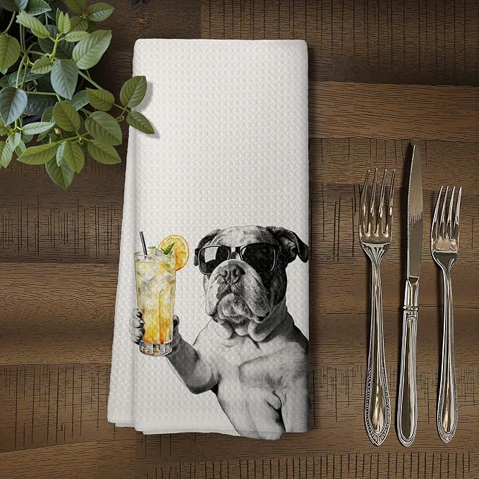 Funny English Bulldog Cocktail Kitchen Towels, Cute Dog Tea Towels, Dog Lover - Image 5