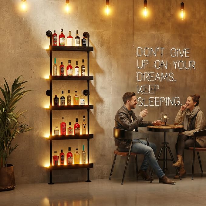 Wall Mounted Wine Rack with LED Light, LED Industrial Pipe Liquor Bar Shelves - Image 6