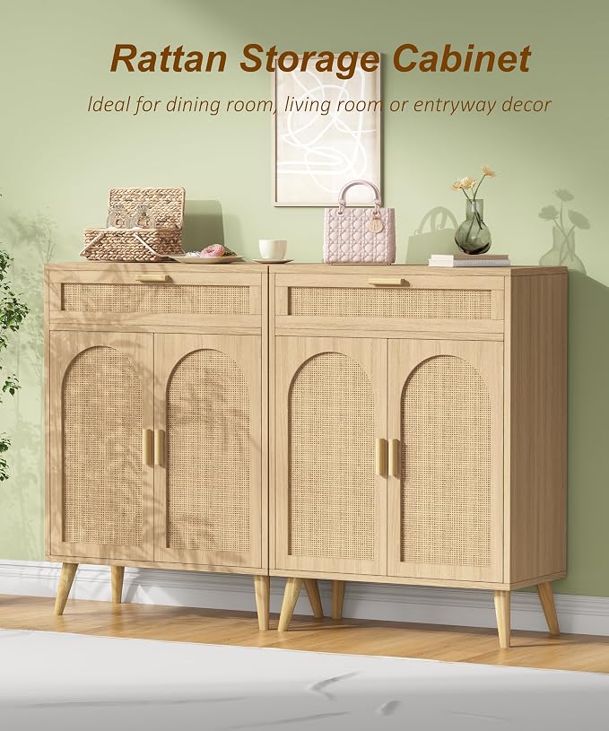 Rattan Sideboard Buffet Cabinet set of 2, Boho Storage Cabinet - Image 4
