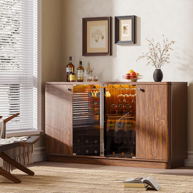 Coffee Bar Cabinet with LED Light & Glass Doors, Coffee Station Sideboard - Image 6