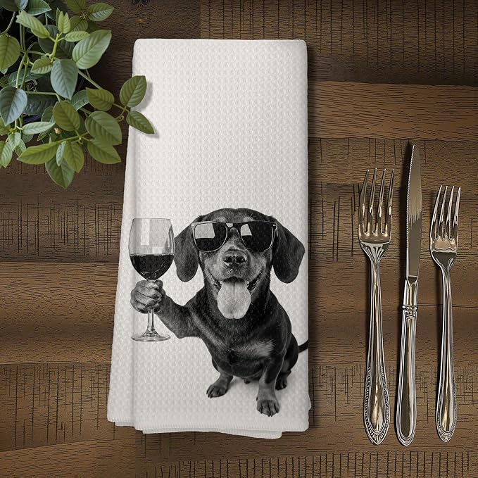 Funny Black Dachshund Wine Kitchen Towels, Cute Dog Tea Towels, Dog Lover Gifts - Image 5