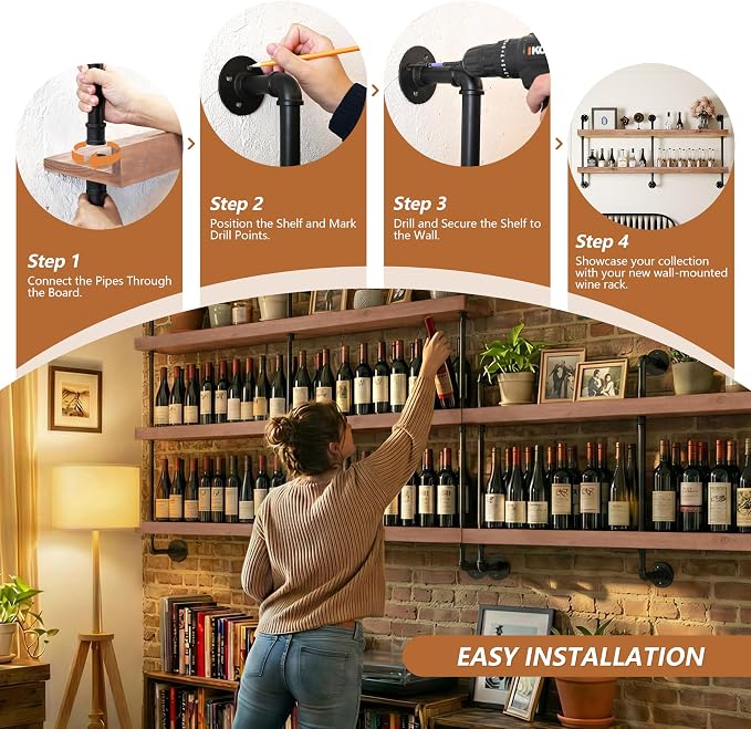 Industrial Wine Rack Wall Mounted, Solid Wood Shelf - Image 4