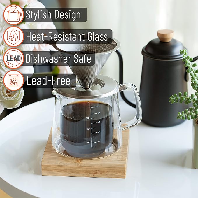 Brew To A Tea BTaT- Pour Over Coffee Maker Set, Double Wall Glass, 16 oz - Image 3
