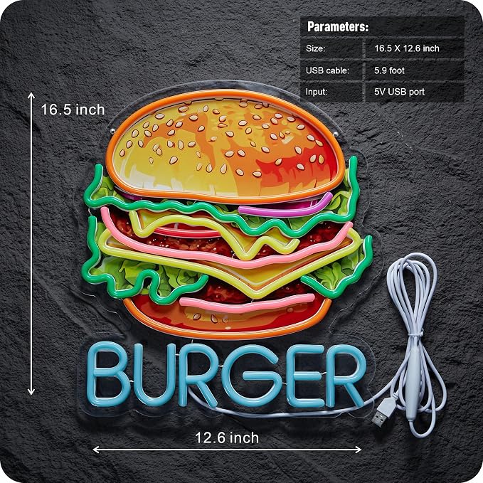 Burger Neon Sign for Wall Décor Hamburger Business Dimmable LED Light USB - Image 3