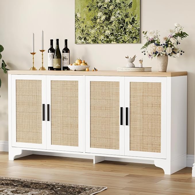GarveeHome 4-Door Sideboard Buffet Cabinet, Natural Rattan Storage Cabinet by GarveeHome