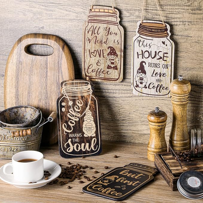 Jetec 4 Pcs Coffee Bar Decor Mason Jar Wood Sign Wall Hanging Plaque But First - Image 2