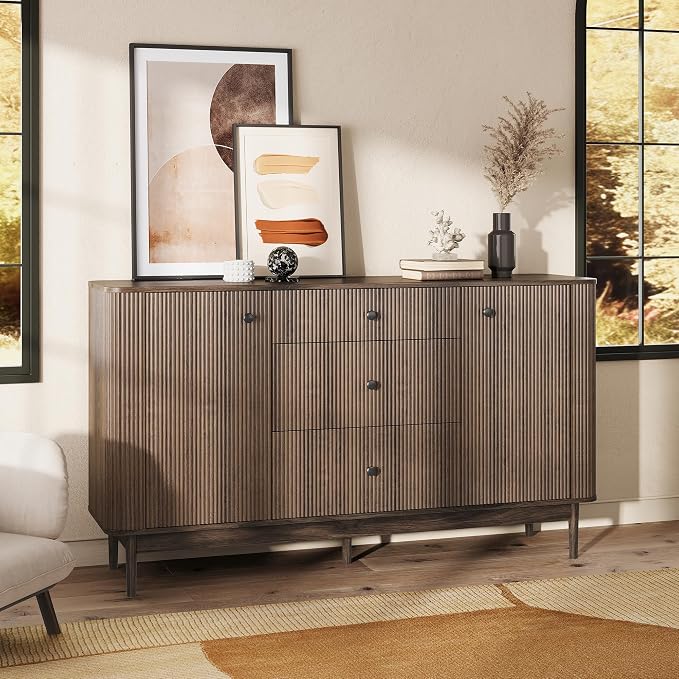 59" Buffet Cabinet with Drawers, Large Fluted Sideboard Buffet Storage Cabinet - Image 4