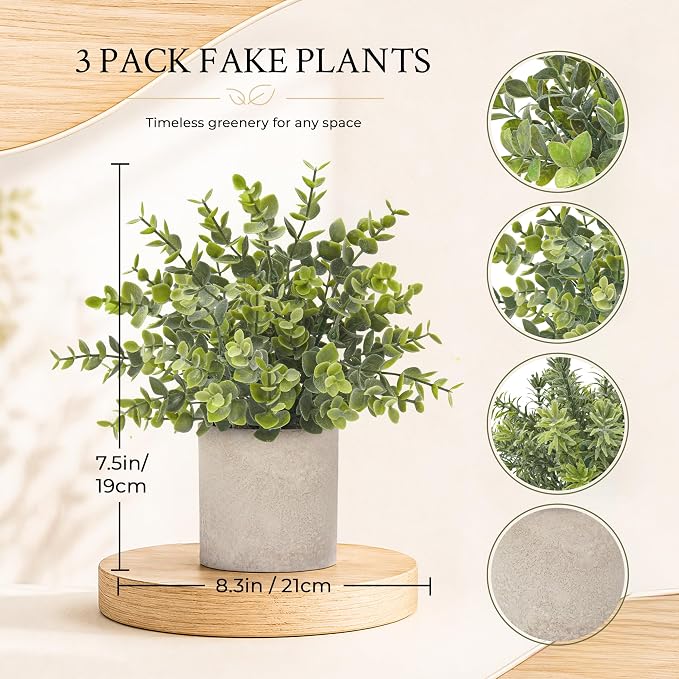 Der Rose 3 Pack Mini Potted Fake Plants Artificial Plastic Eucalyptus Plants - Image 2