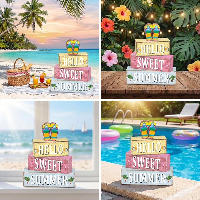 Geelin 4 Pcs Summer Flip Flop Wooden Table Decorations Hello Summer Centerpiece - Image 4
