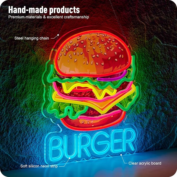 Burger Neon Sign for Wall Décor Hamburger Business Dimmable LED Light USB - Image 2