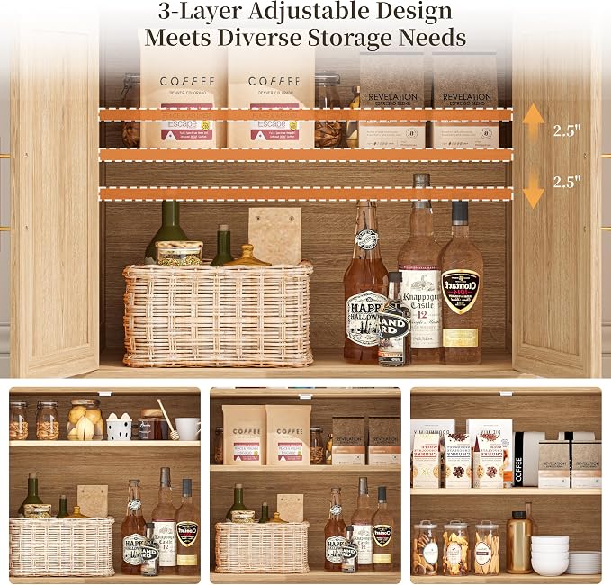 Fluted Coffee Bar Cabinet with Storage, Coffee Station with Adjustable Shelf - Image 5