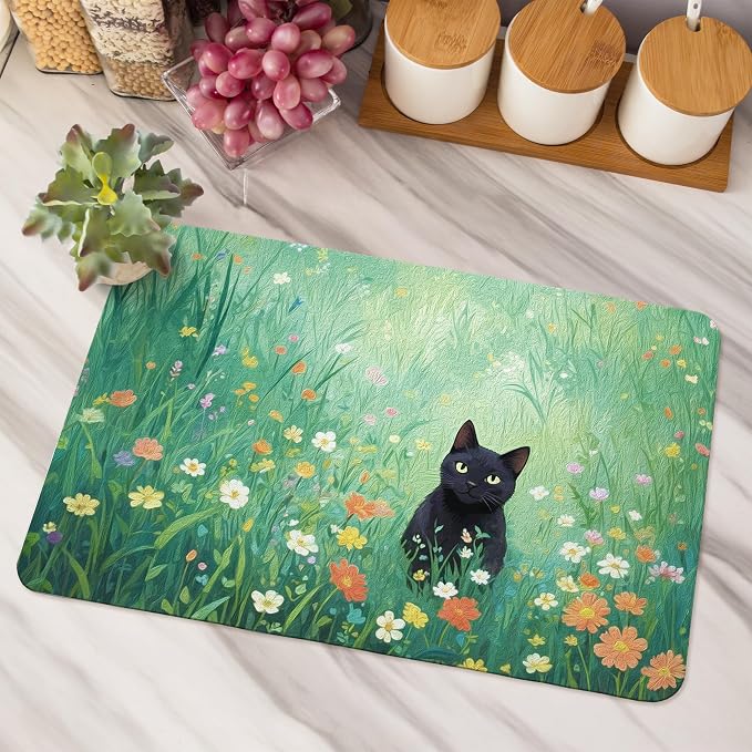Wildflower Black Cat Dish Drying Mat, Cat Lover Gifts, Cats in Colorful Floral - Image 5