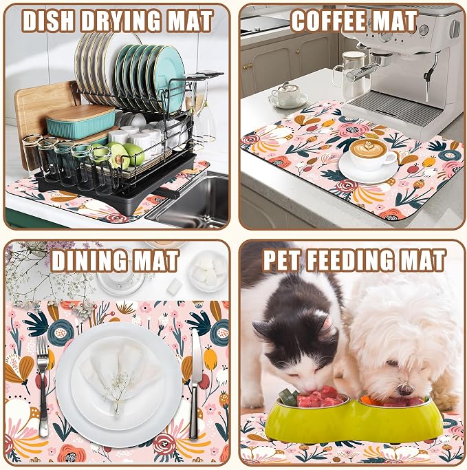 Dish Drying Mat Pink Flowers Berries Leaves Coffee Bar Mat - Image 7