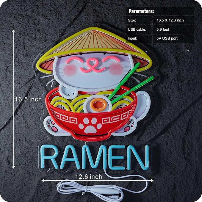 Fortune Cat Ramen Neon Sign Dimmable Japanese Lucky Cat Noodle LED Lights - Image 3