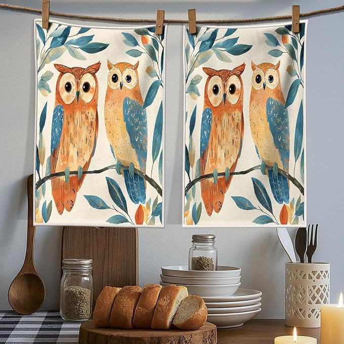 Owls Kitchen Towels Set of 4, Nature Fanciful Leaves Branches Fall Brown - Image 4