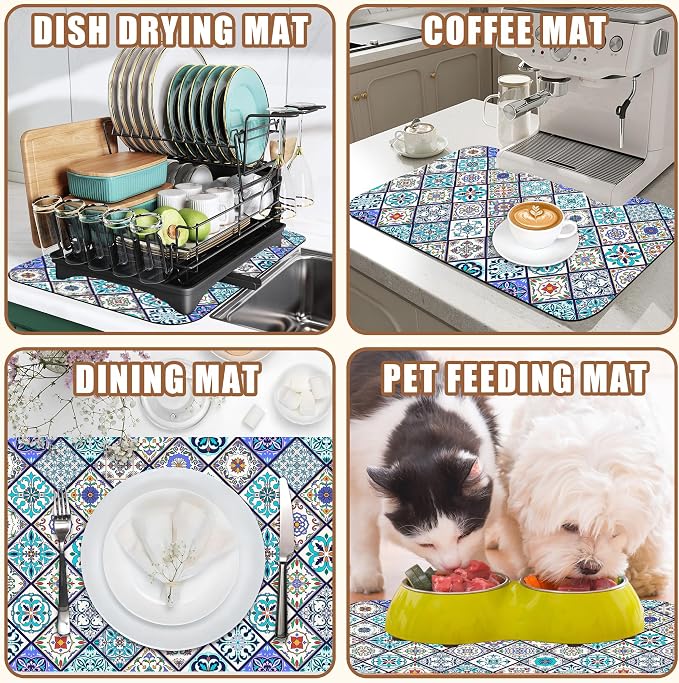 Colorful Tiles Dish Drying Mat for Kitchen Counter Coffee Mat Hide Stain - Image 7