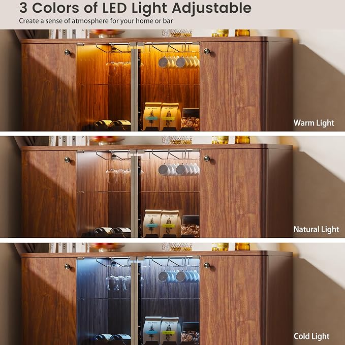 Coffee Bar Cabinet with LED Light & Glass Doors, Coffee Station Sideboard - Image 4