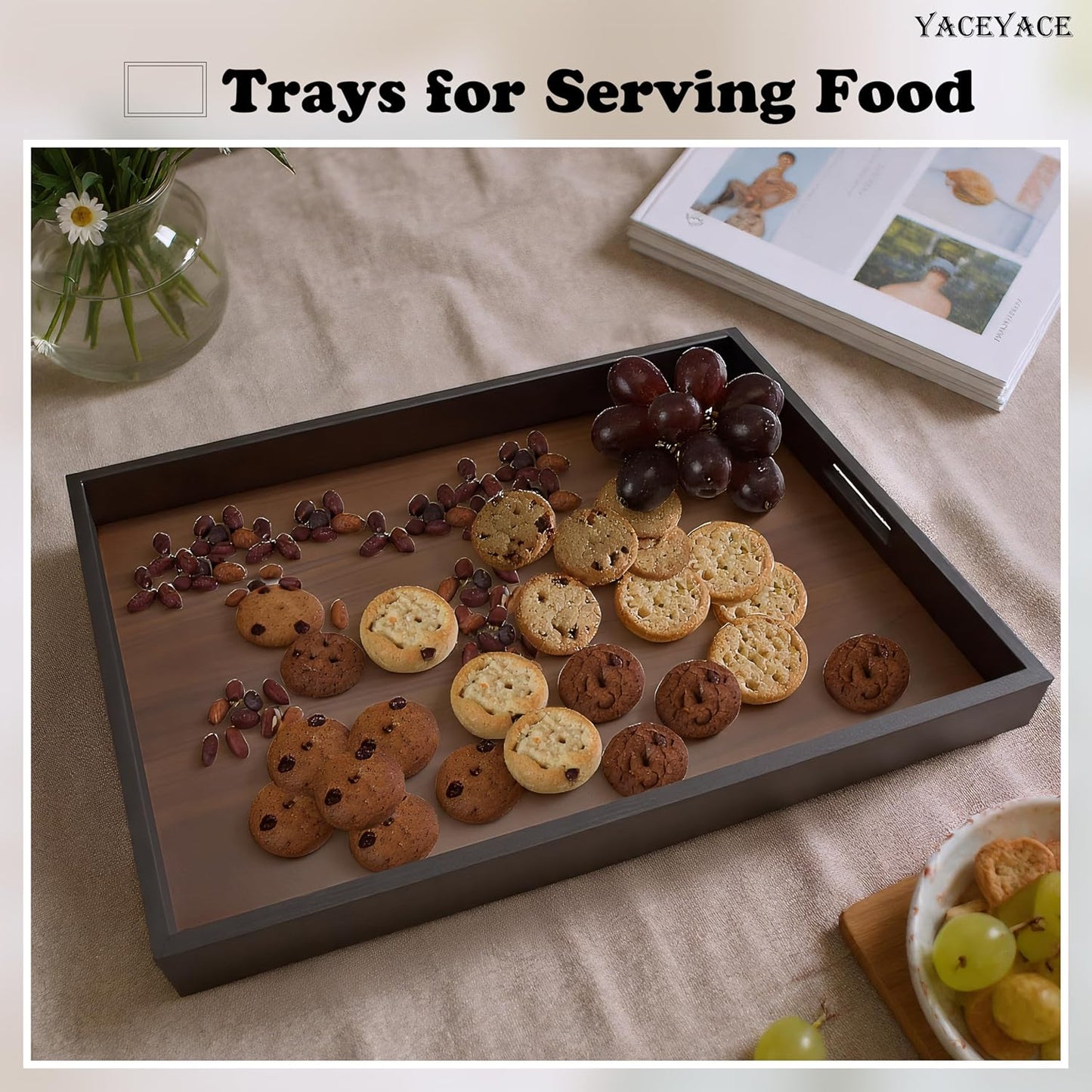 Wood Serving Tray with Handles,17"x12.5"x1.5" Large Serving Tray for Ottoman, Party, Dining, Coffe Table, Home Decor, Bathroom