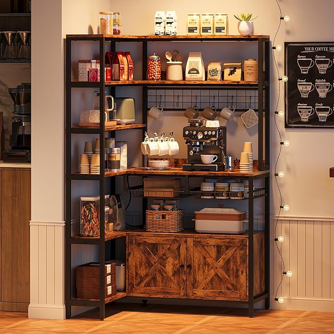 IRONCK Corner Bakers Rack with Power Outlet, Coffee Bar 6 Tier with Storage - Image 3