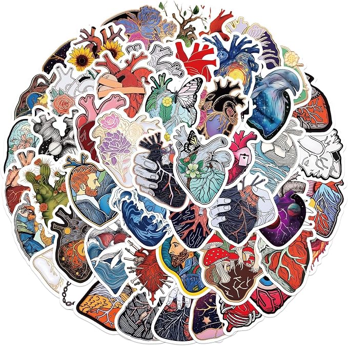 52Pcs Waterproof Anatomical Heart Stickers Pack, Unique Creative Heart Themed by Unknown
