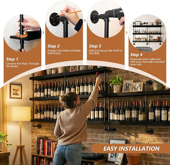 Industrial Wine Rack Wall Mounted, Solid Wood Shelf - Image 5