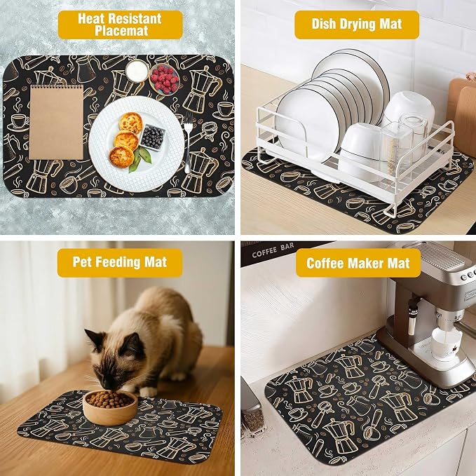 Black and Gold Coffee Tool Coffee Drying Mat 12" x 19", Absorbent Waterproof - Image 4