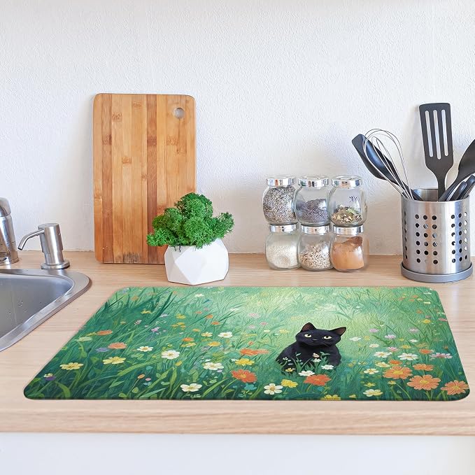 Wildflower Black Cat Dish Drying Mat, Cat Lover Gifts, Cats in Colorful Floral - Image 2