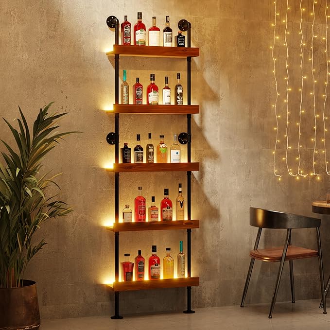 Wall Mounted Wine Rack with LED Light, LED Industrial Pipe Liquor Bar Shelves by Anynice
