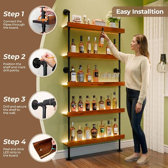 Wall Mounted Wine Rack with LED Light, LED Industrial Pipe Liquor Bar Shelves - Image 4