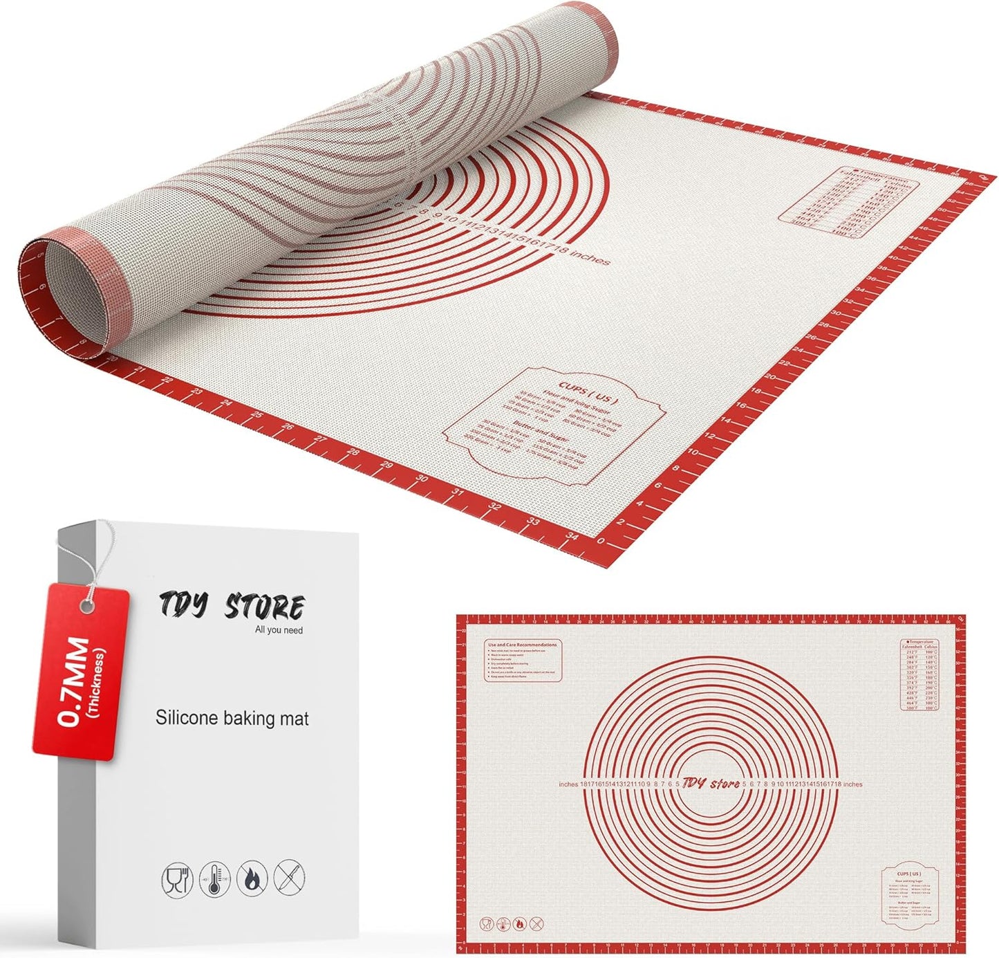 26 * 16 inches Red, Non-Slip Silicone Baking Sheets - Baking Mat with 0.7mm Thickness - Non-Stick Pastry & Cookie Mat for Kitchen Counter for Rolling Out Dough with Measurements.