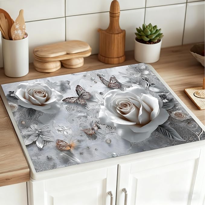White Rose Butterfly Stove Top Cover 28.3 x 20.5 Inches, Heat Resistant Glass - Image 4