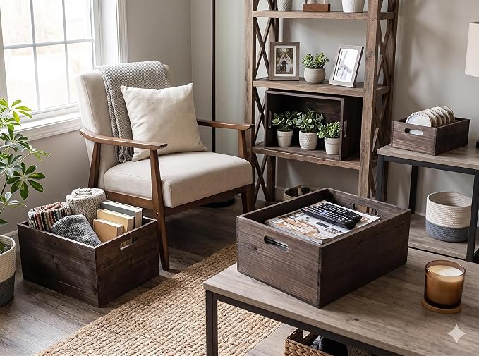 Oojami 4 Pack Rustic Wood Storage Crates, Nesting Decorative Boxes - Image 7