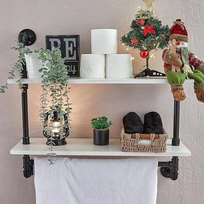 ROGMARS White Floating Wall Shelves Industrial Pipe Shelving 30 Inch Wood by 100RealSolidWood
