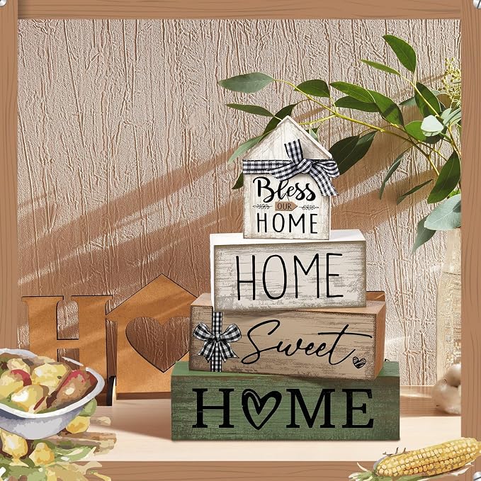 Moucuny 4 Pcs Wooden Farmhouse Table Decor Rustic Home Sweet Home Stacked - Image 2