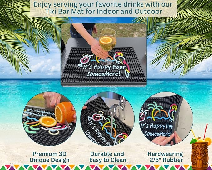 It's Happy Hour Somewhere Silicone Tiki Bar Mat 18x12 in, Happy Hour Sign - Image 2