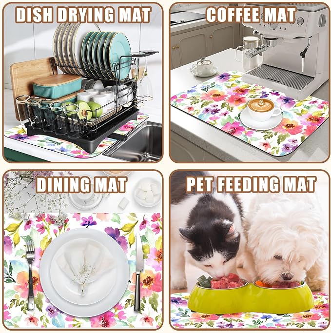 Floral Watercolor Dish Drying Mat Colorful Flowers Coffee Bar Mat - Image 7