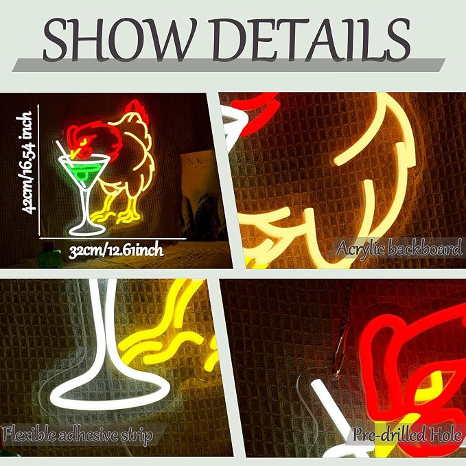Chicken Cocktail Neon Sign Dimmable Martini Chicken Neon Light LED Rooster - Image 2