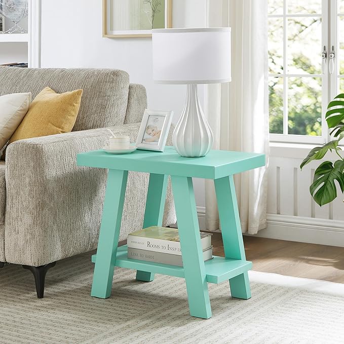 Teal End Table with Bottom Storage Shelf, 23.5 Inch Wide Contemporary Side by Noeko