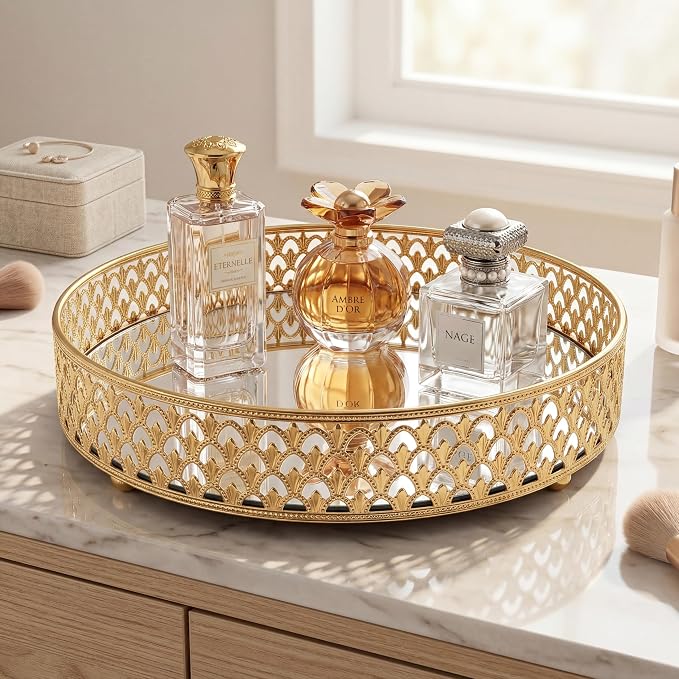 10 Inch Glass and Gold Round Tray Set of 2，Dinner Plate Perfume and Vanity Tray - Image 4