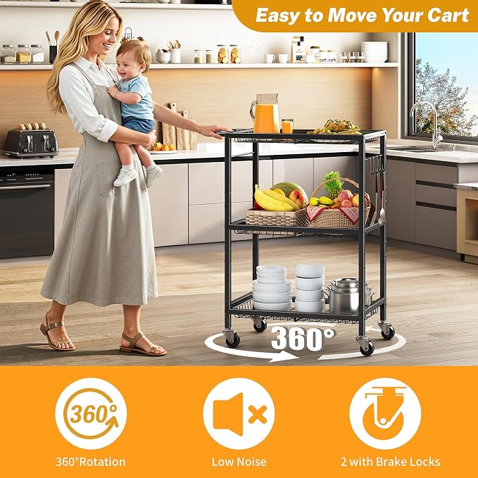 3-Tier Rolling Cart, Space-Saving Kitchen Cart - Image 4