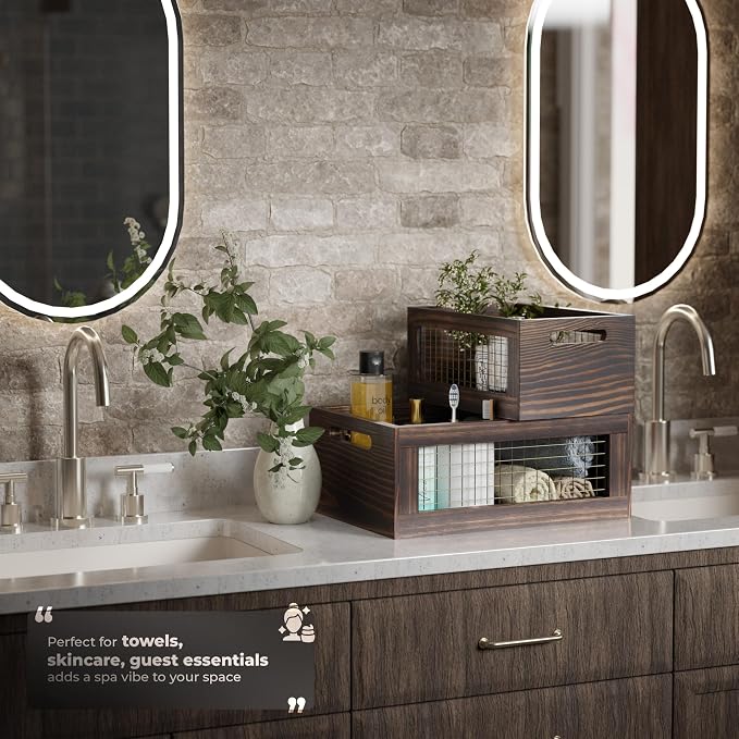 Set of 3 Extra Large Wooden Nesting Countertop Baskets, Rustic Wood Storage - Image 9