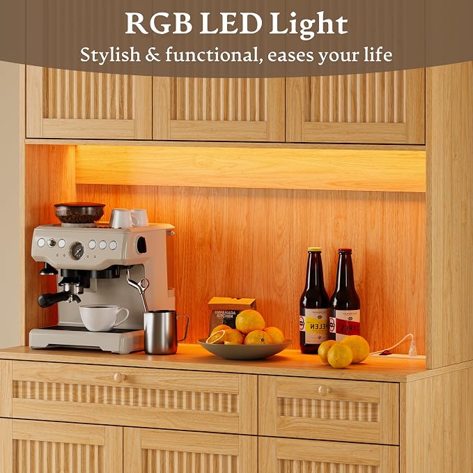 BORNOON Pantry Cabinet with Charging Station and Light, Tall Kitchen Pantry - Image 5