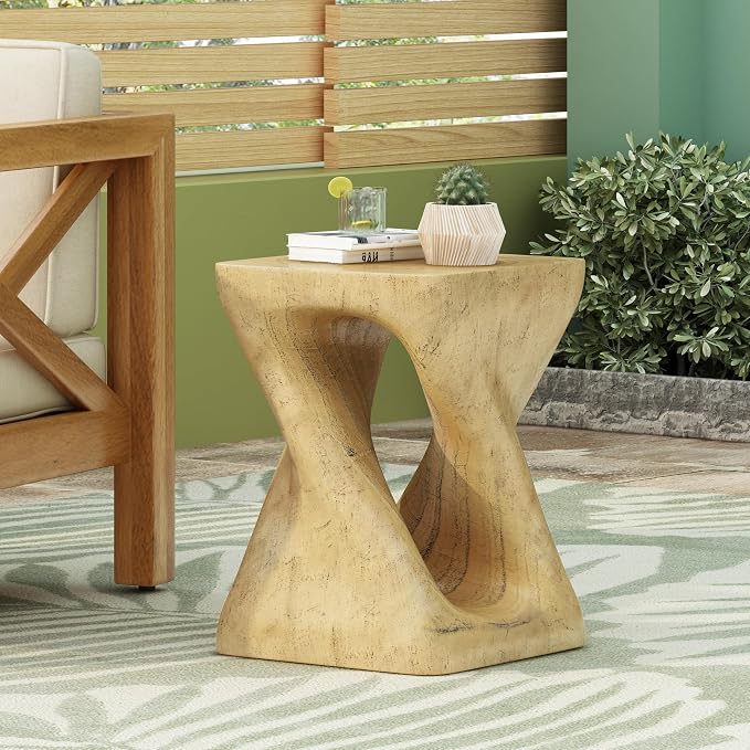 Twist End Table with Wood Grain Texture, 12 Inch Square Spiral Accent Table - Image 3