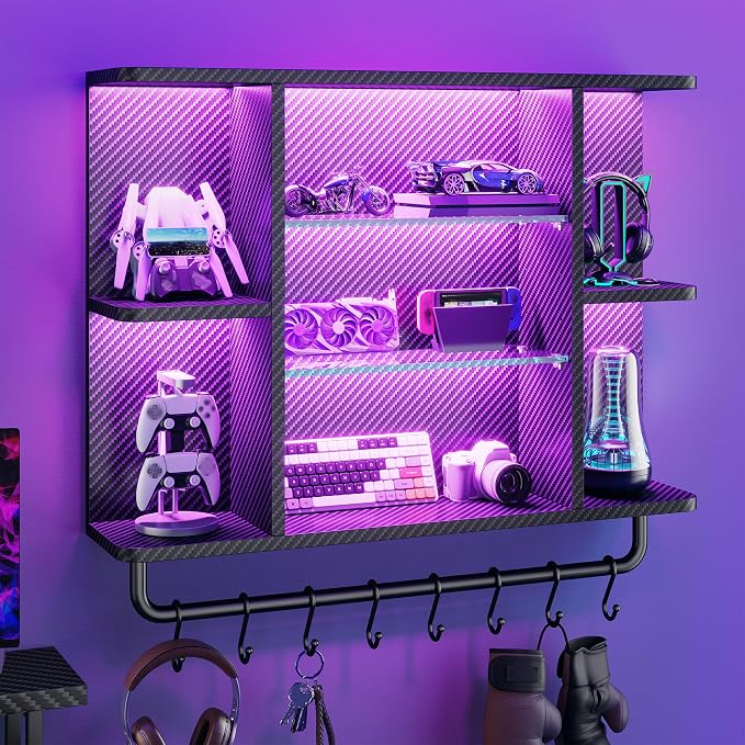 REIBII 34" Gaming Floating Shelves, LED Wall Mounted Shelf by REIBII