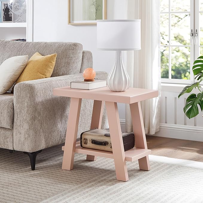 Pink Wood Side Table with Storage Shelf, 23.5 Inch Contemporary Accent Table by Noeko