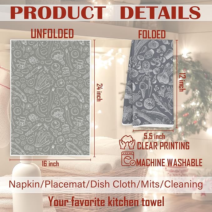 Vegetable Fruit Kitchen Towels, Botanic Vegetables Dish Tea Towels, 16x24 Inch - Image 7